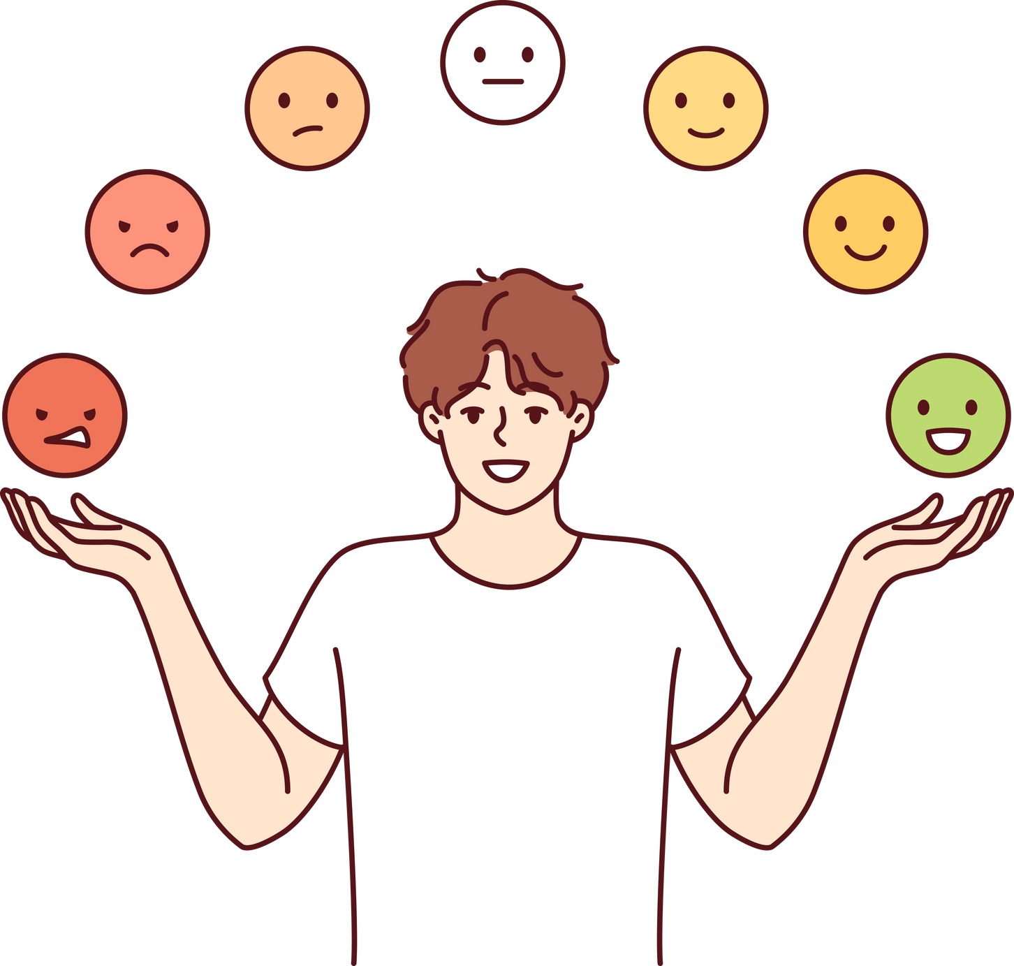 Man trying to maintain emotional balance by juggling emoticons with positive and negative emotions